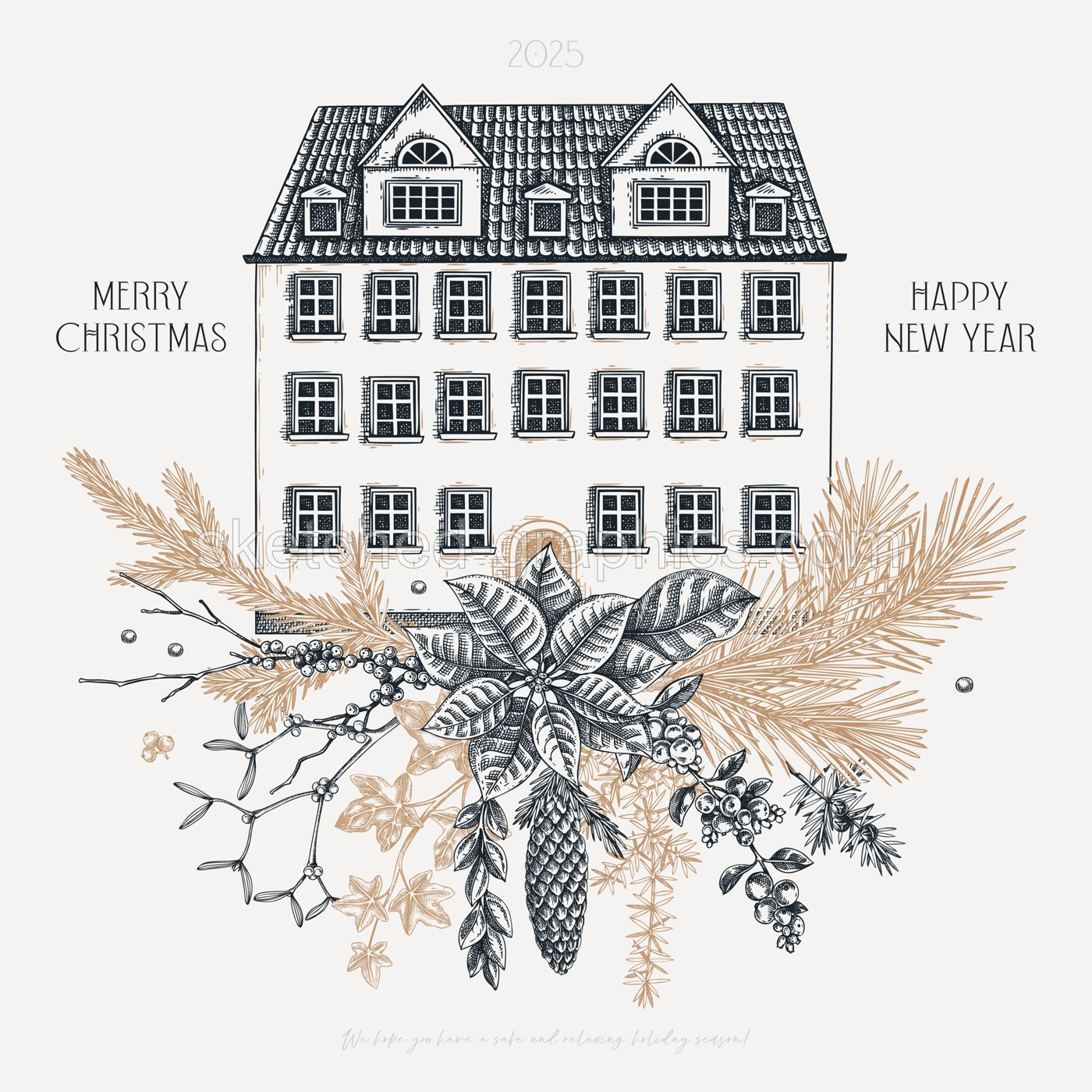 Christmas card design. Architecture sketch. Winter decration. Vintage house hand-drawn vector illustration. Floral art. NOT AI generated Illustration